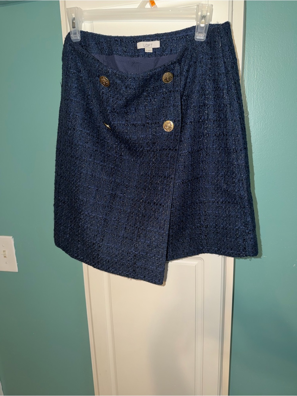 LOFT Navy Tweed Wrap Mini Skirt with Decorative Gold Buttons